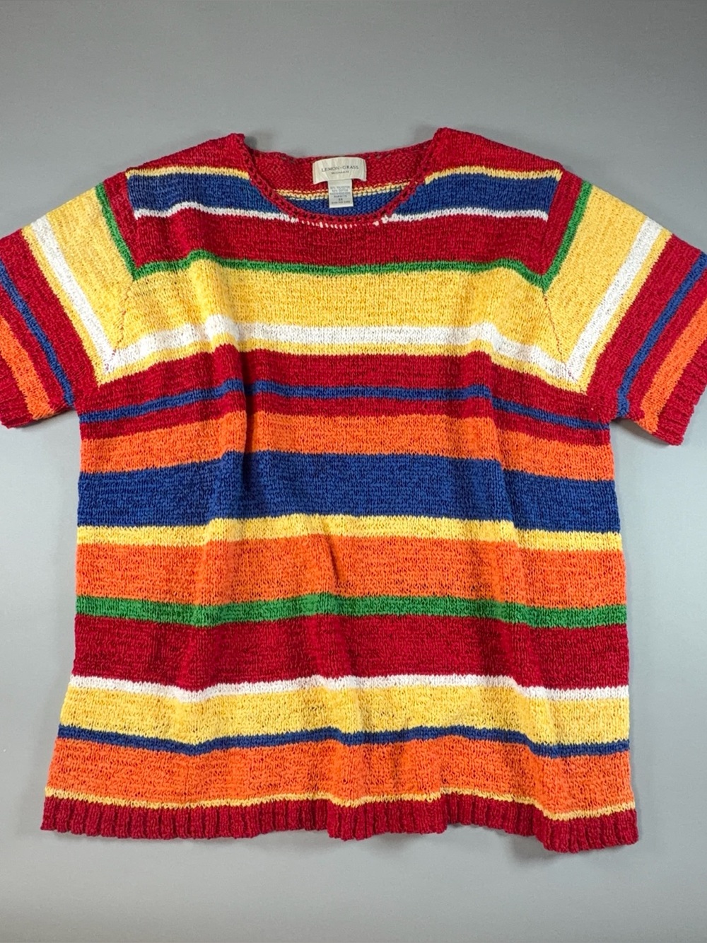 Lemon Grass Woman Rainbow Stripe Ribbon Knit Sweater Top Vintage 90s Hong Kong